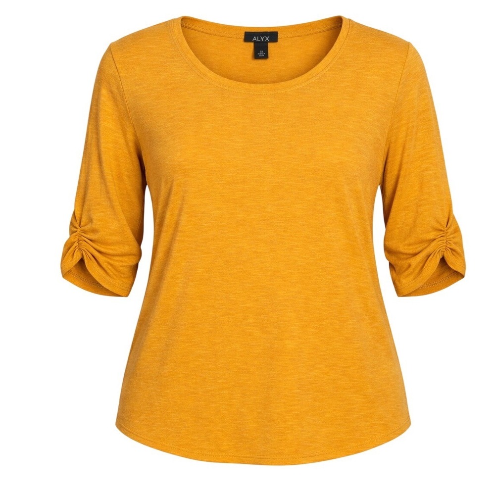 Alyx scoop neck top 2X Mustard Yellow Ruched 3/4 Sleeve Knit Plus‎ earthy boho